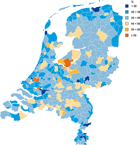 Afbeelding met kaart nederland met gekleurde gemeentes