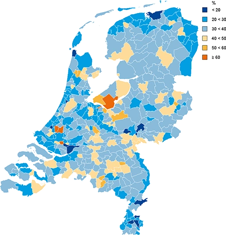 Afbeelding met kaart nederland met gekleurde gemeentes