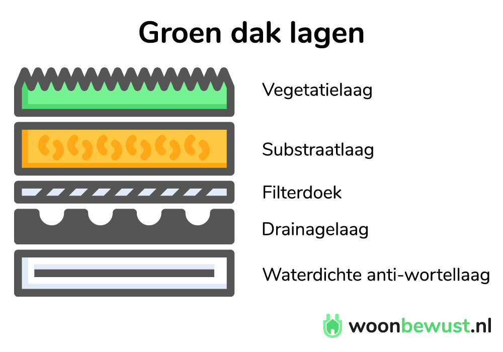 illustratie met groen dak lagen in volgorde, de wortelwerende laag, drainagelaag, filterdoek, substraatlaag en vegetatielaag