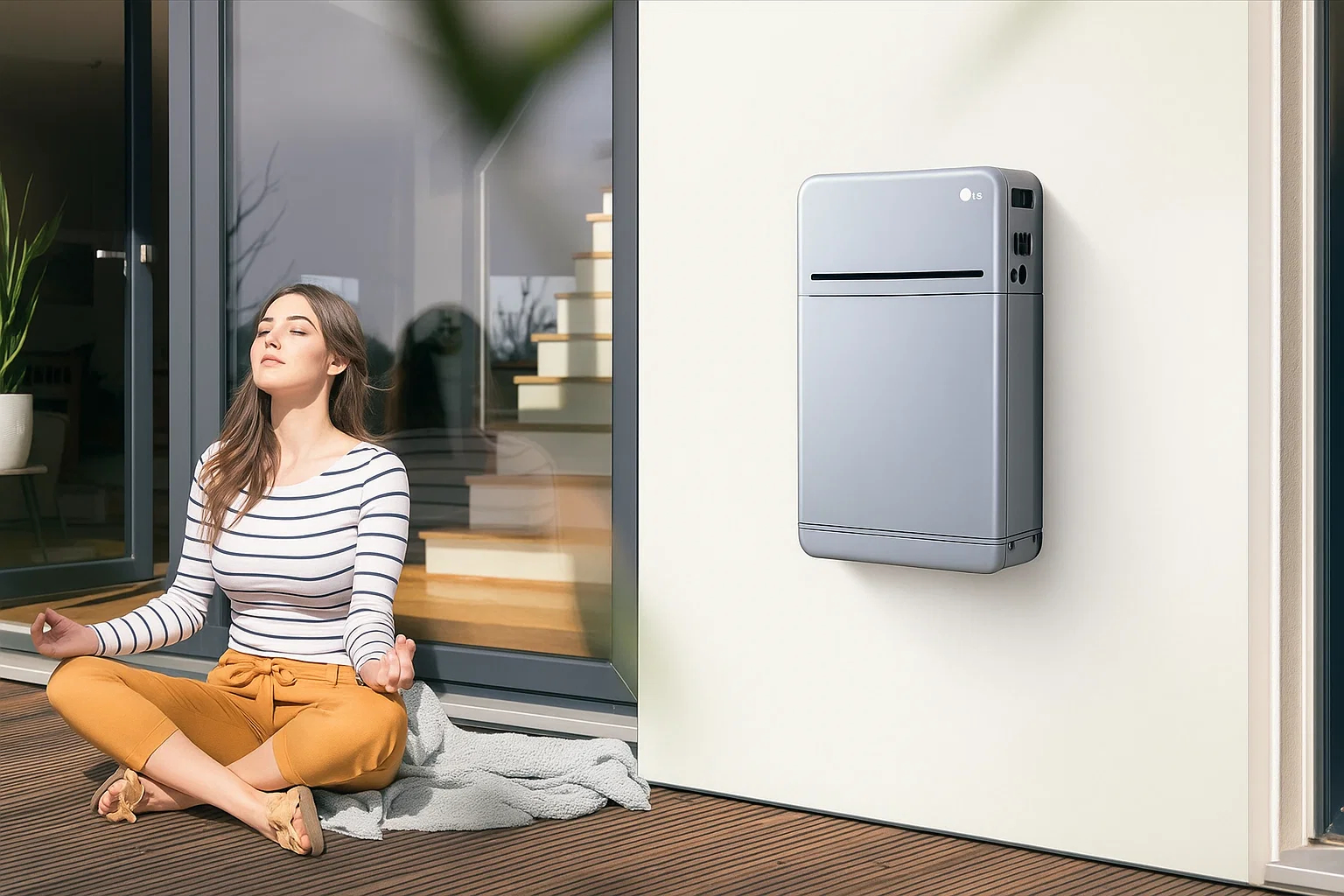 vrouw op het terras naast een thuisbatterij installatie